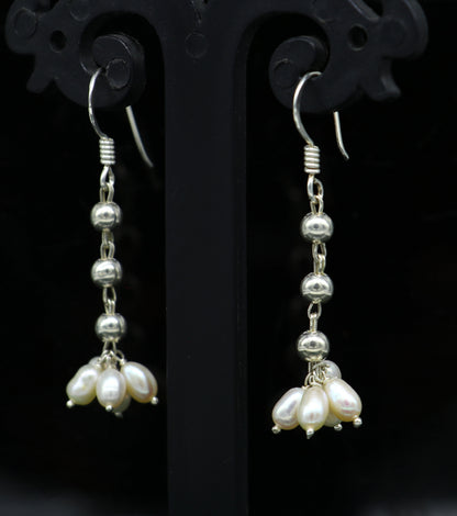 925 sterling silver custom-made hoop earrings with natural white pearl drop dangle for bridesmaids by Tribal Ornaments