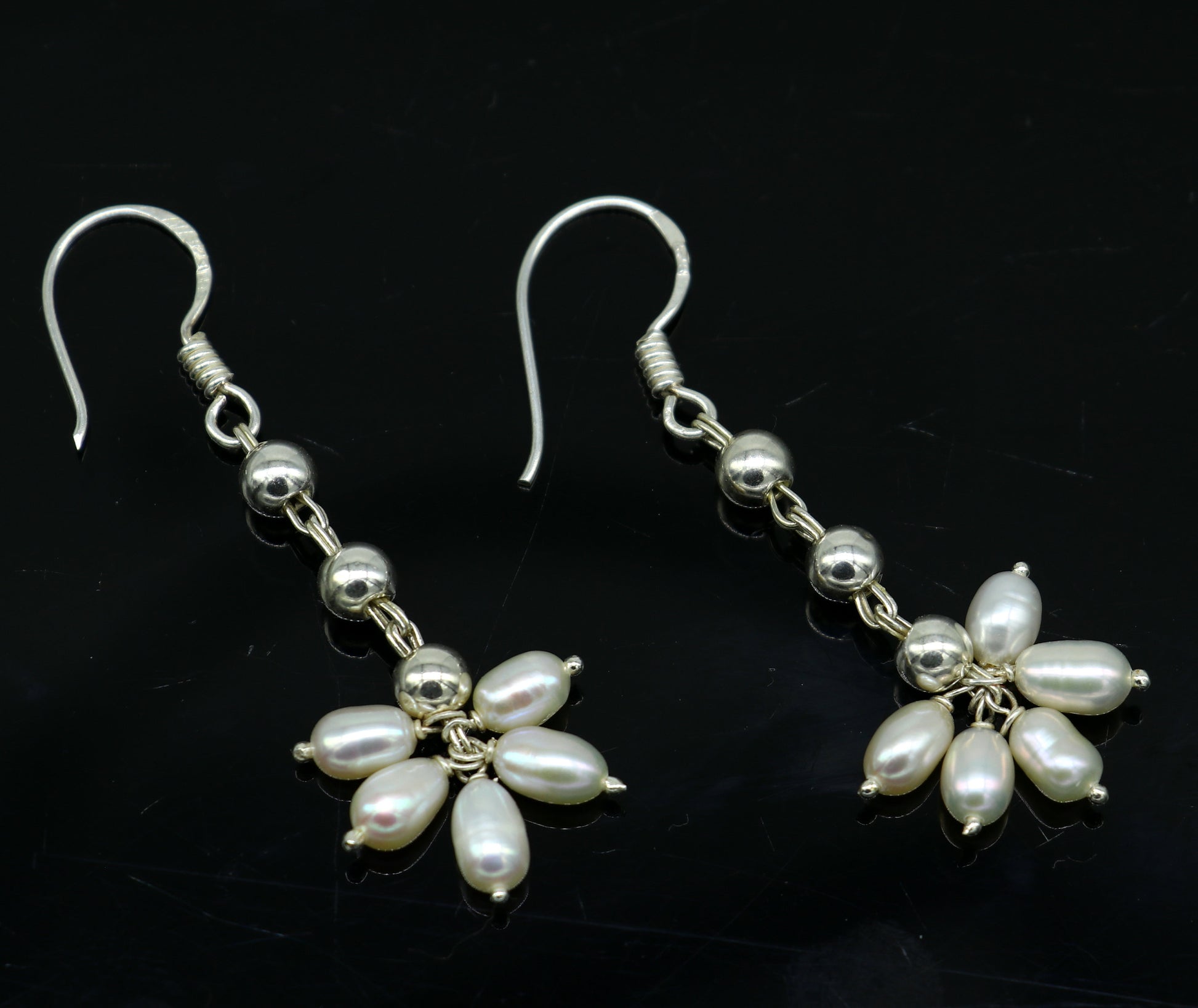 925 sterling silver custom-made hoops earring with a white pearl drop, perfect for bridesmaids or elegant occasions.