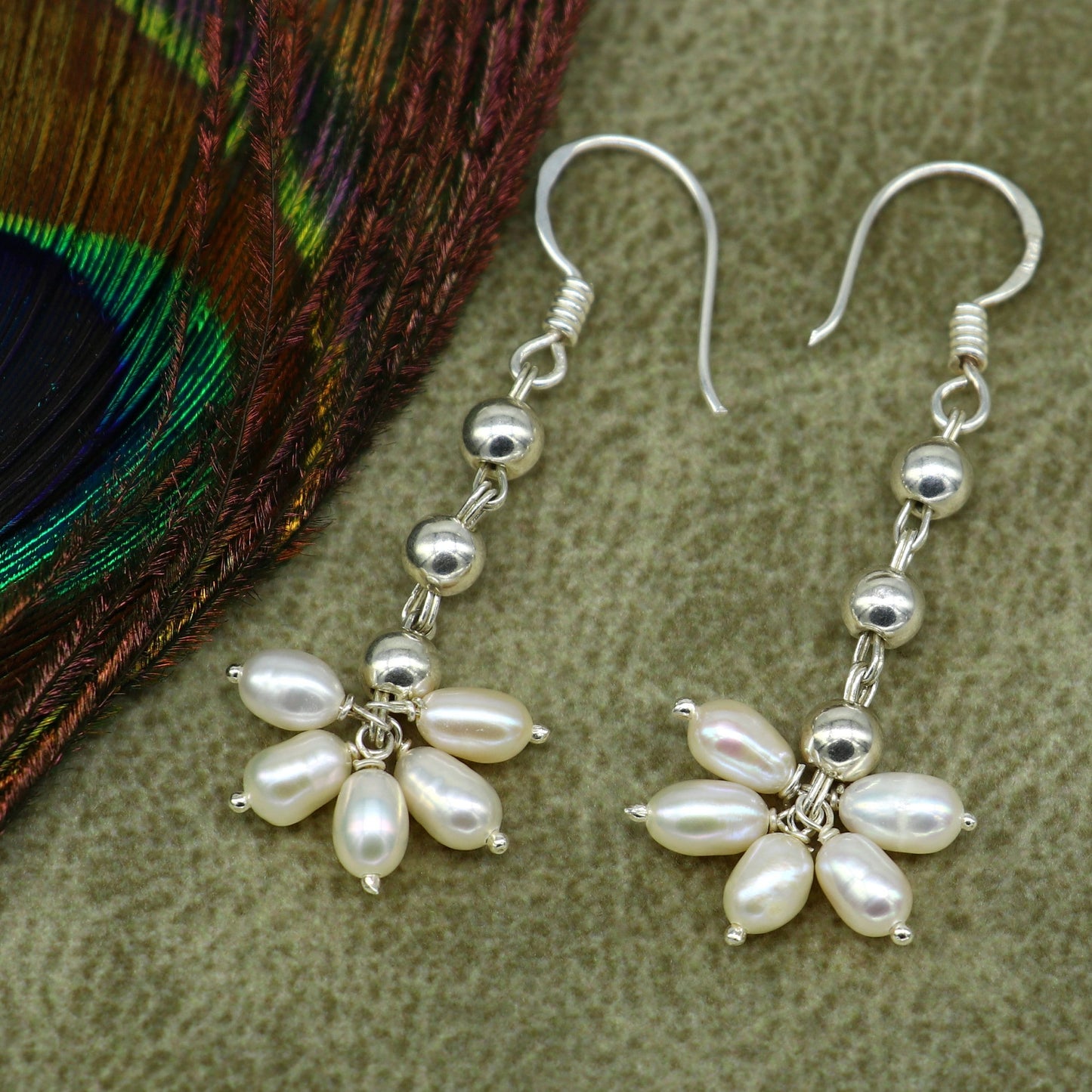 925 sterling silver custom-made hoops earring with natural white pearl drop, perfect for bridesmaids and special occasions.