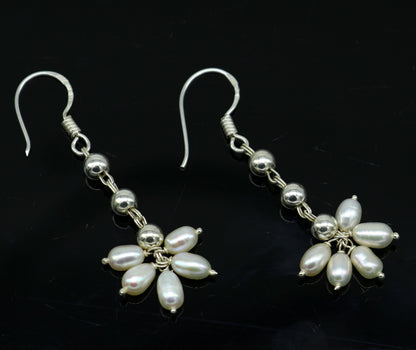 925 sterling silver custom-made hoops earring with a natural white pearl drop, bridal bridesmaid pearl dangle earring.