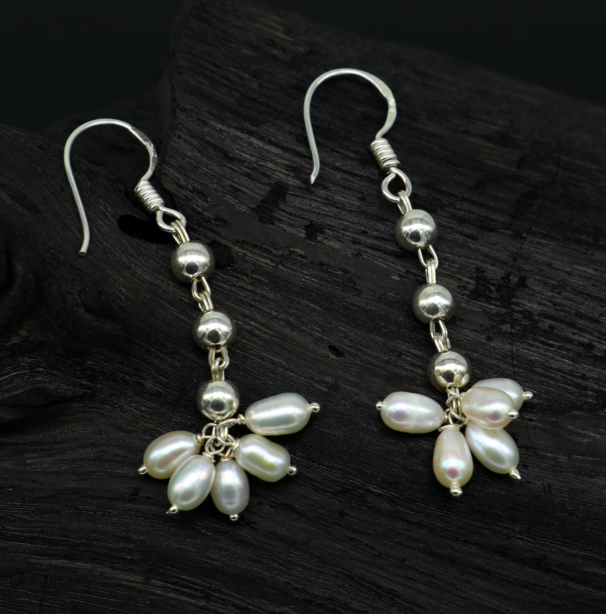 925 sterling silver hoop earrings with natural white pearl drop, custom-made bridesmaid jewelry, dangle pearl earrings by Tribal Ornaments