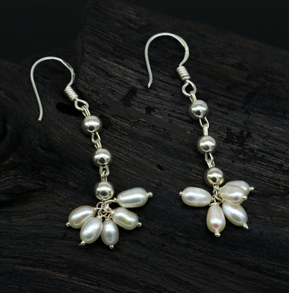 925 sterling silver hoop earrings with natural white pearl drop, custom-made bridesmaid jewelry, dangle pearl earrings by Tribal Ornaments