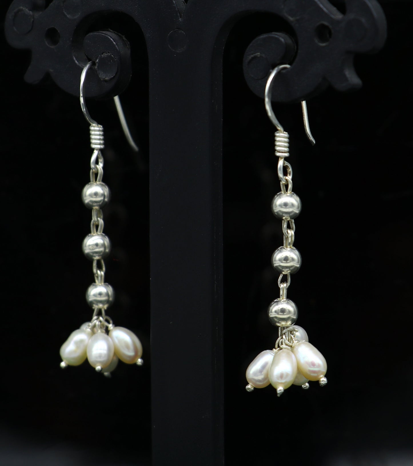 Sterling silver custom-made hoops earrings with white pearl drops, perfect for bridesmaids or elegant occasions.