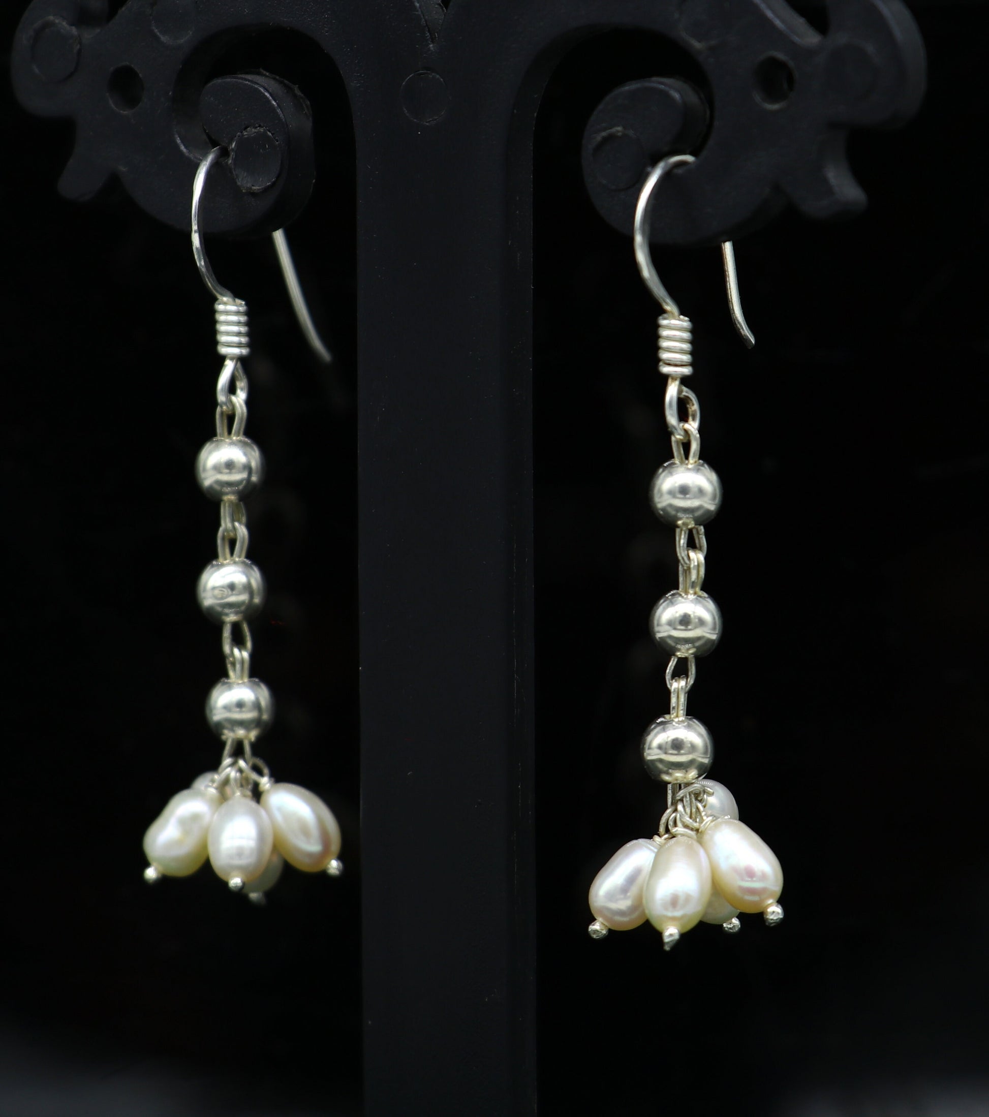 Sterling silver custom-made hoops earrings with white pearl drops, perfect for bridesmaids or elegant occasions.