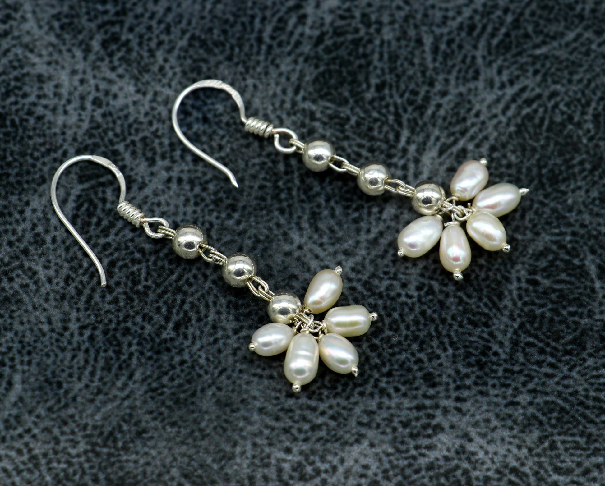 Sterling silver hoops earring with white pearl drop, custom-made bridesmaid jewelry by TRIBAL ORNAMENTS.