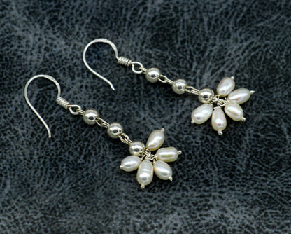 Sterling silver hoops earring with white pearl drop, custom-made bridesmaid jewelry by TRIBAL ORNAMENTS.