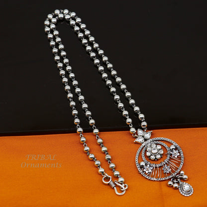Sterling silver beaded chain necklace with charm pendant, tribal ethnic jewelry set featuring custom 24-inch length and intricate bead work.
