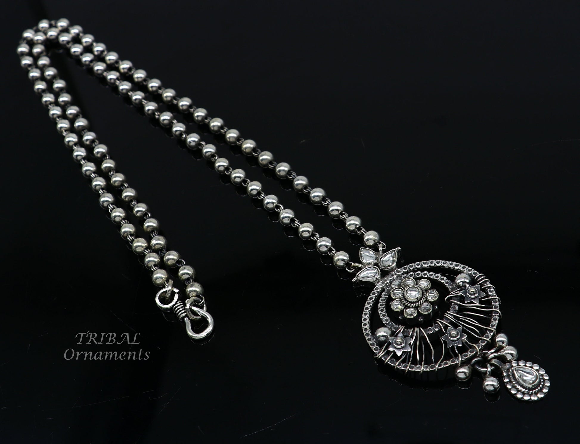 925 sterling silver customized 24 inches beaded chain work charm pendant necklace, tribal ethnic jewelry set474 - TRIBAL ORNAMENTS