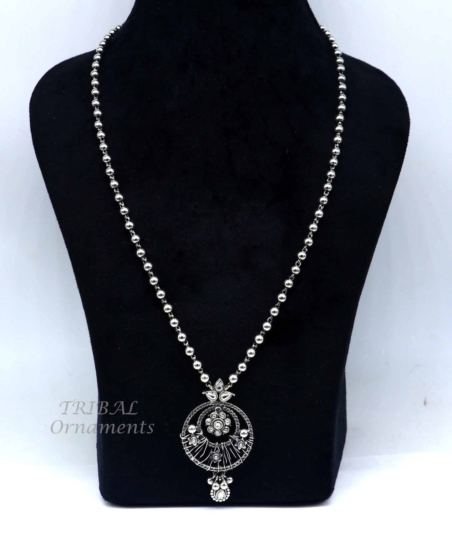 925 sterling silver customized 24 inches beaded chain work charm pendant necklace, tribal ethnic jewelry set474 - TRIBAL ORNAMENTS
