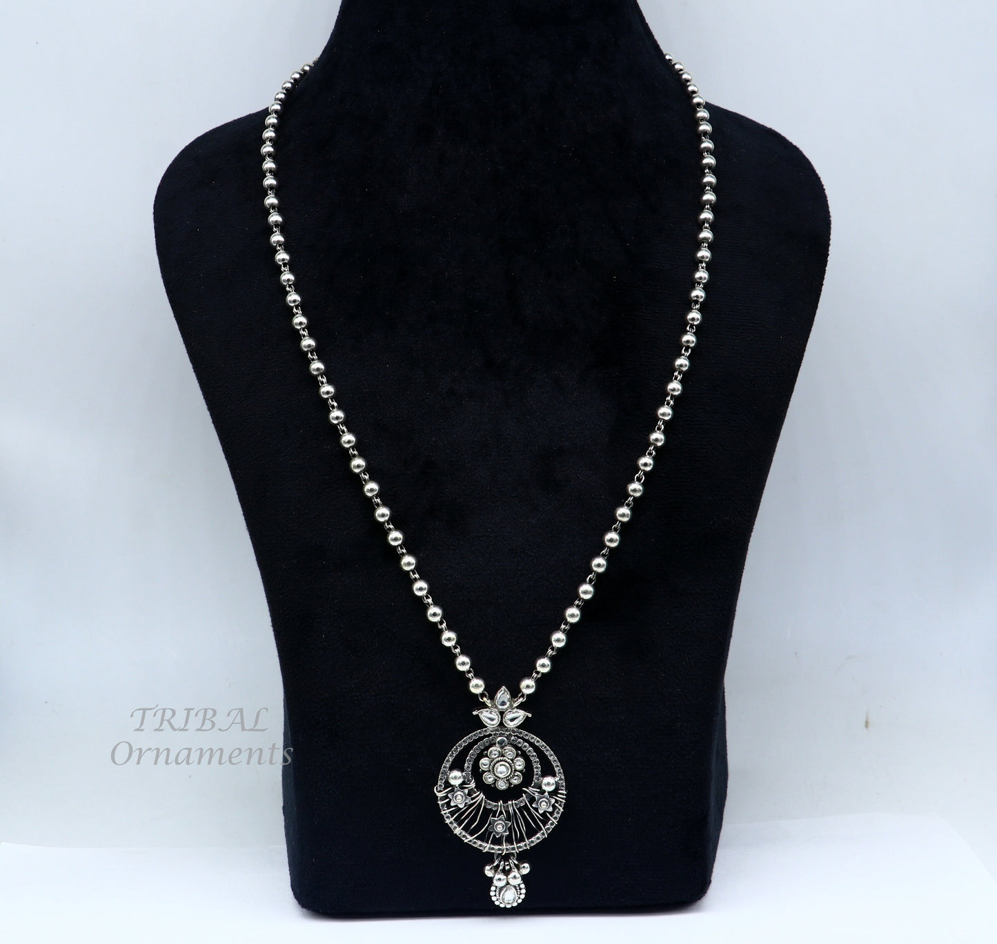 925 sterling silver customized 24 inches beaded chain work charm pendant necklace, tribal ethnic jewelry set474 - TRIBAL ORNAMENTS