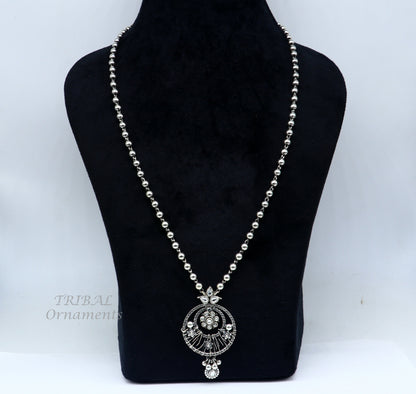 Sterling silver beaded chain necklace with tribal charm pendant, 24-inch length, ethnic jewelry by TRIBAL ORNAMENTS