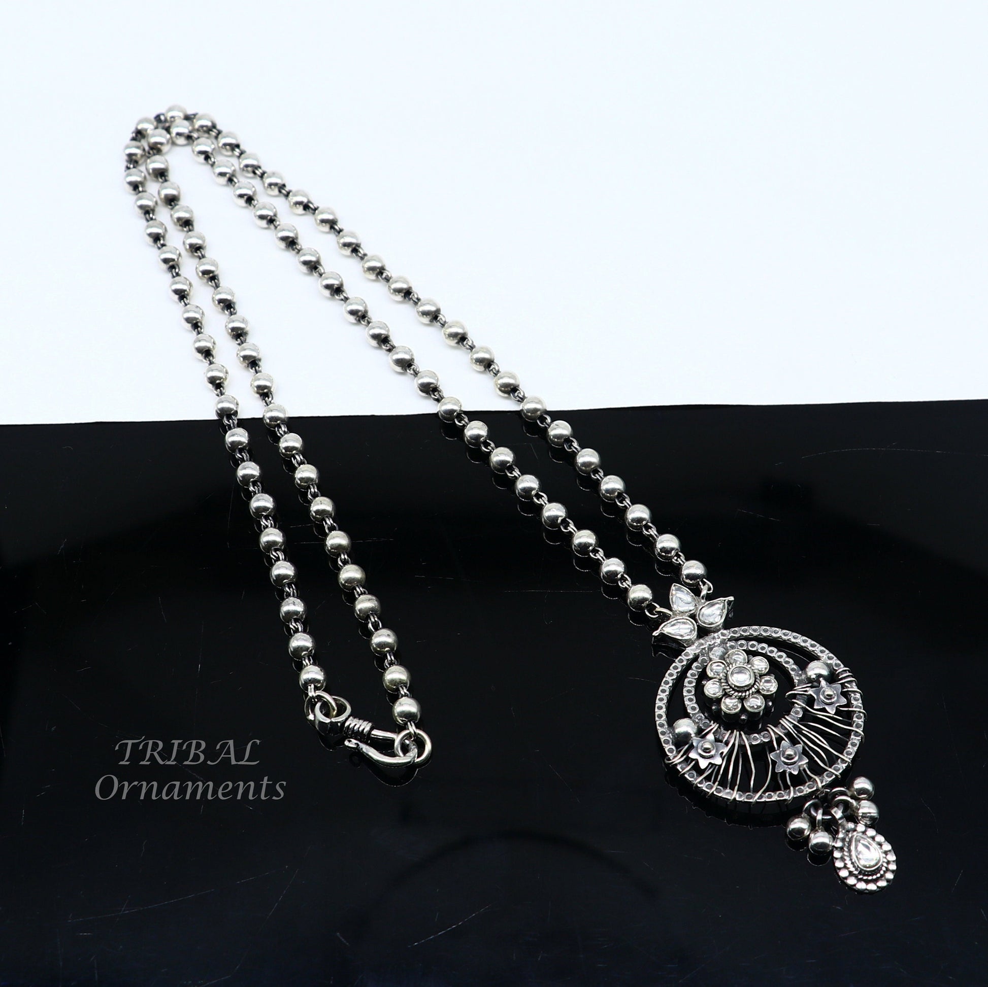 925 sterling silver customized 24 inches beaded chain work charm pendant necklace, tribal ethnic jewelry set474 - TRIBAL ORNAMENTS