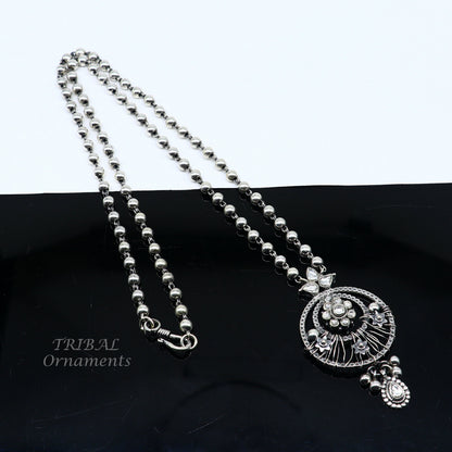 Sterling silver tribal necklace with beaded chain, charm pendant, 24-inch length, ethnic jewelry set by TRIBAL ORNAMENTS.