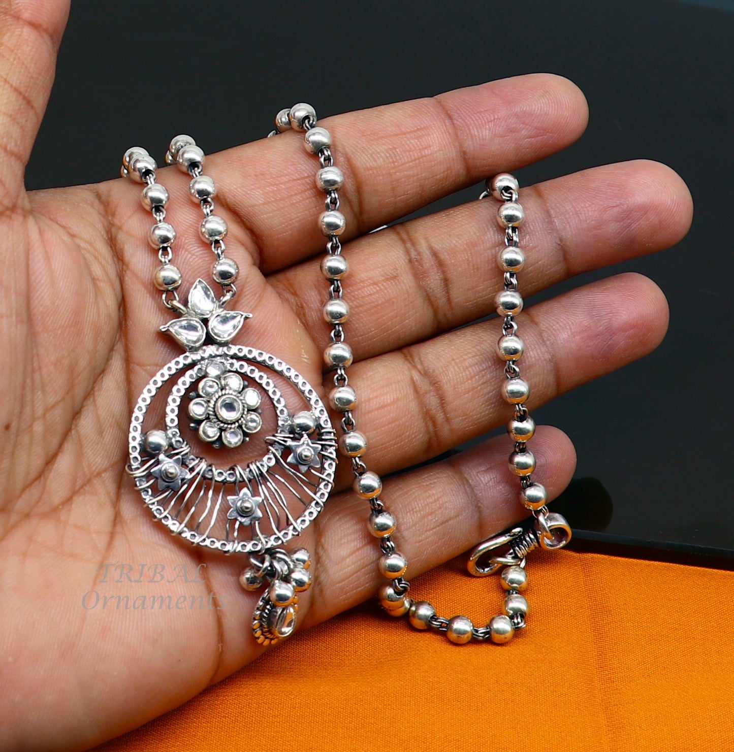 925 sterling silver customized 24 inches beaded chain work charm pendant necklace, tribal ethnic jewelry set474 - TRIBAL ORNAMENTS