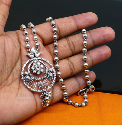 Sterling silver beaded chain necklace with tribal charm pendant, 24-inch length, featuring ethnic jewelry design by TRIBAL ORNAMENTS