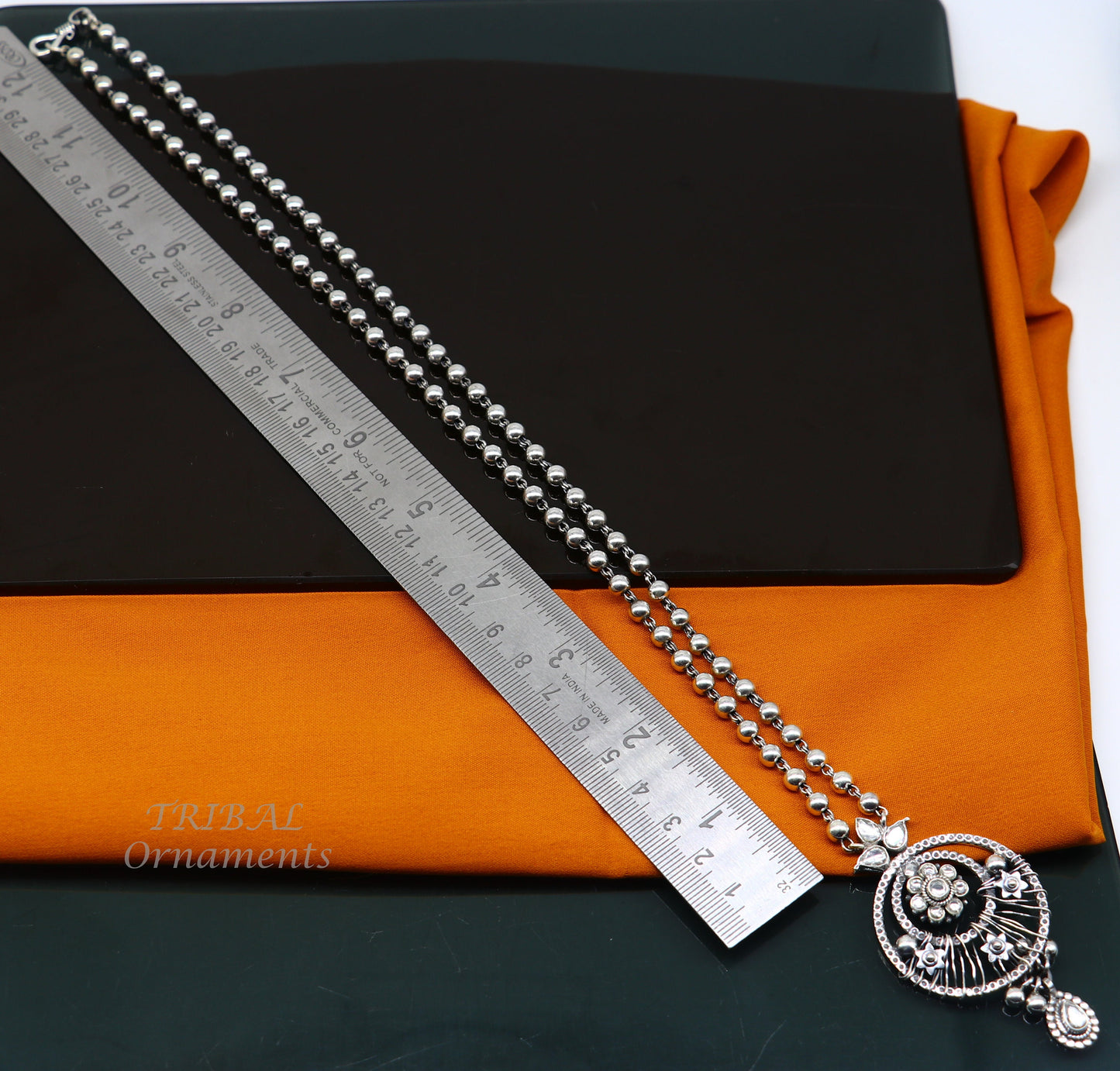 925 sterling silver customized 24 inches beaded chain work charm pendant necklace, tribal ethnic jewelry set474 - TRIBAL ORNAMENTS