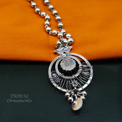 Sterling silver beaded chain necklace with charm pendant, 24 inches, tribal ethnic jewelry by TRIBAL ORNAMENTS