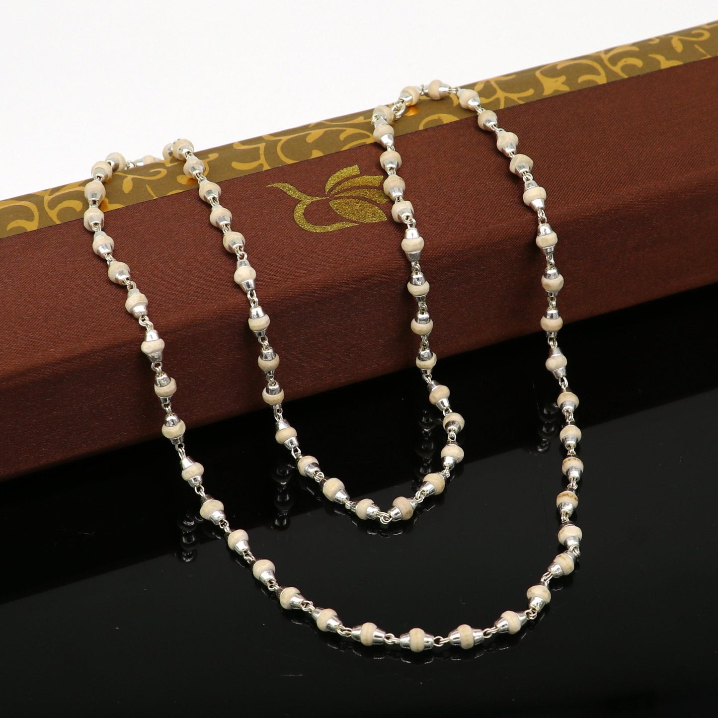 925 sterling silver customized basil rosary wooden beads solid chain necklace, excellent 24" unisex stylish necklace from india ch103 - TRIBAL ORNAMENTS