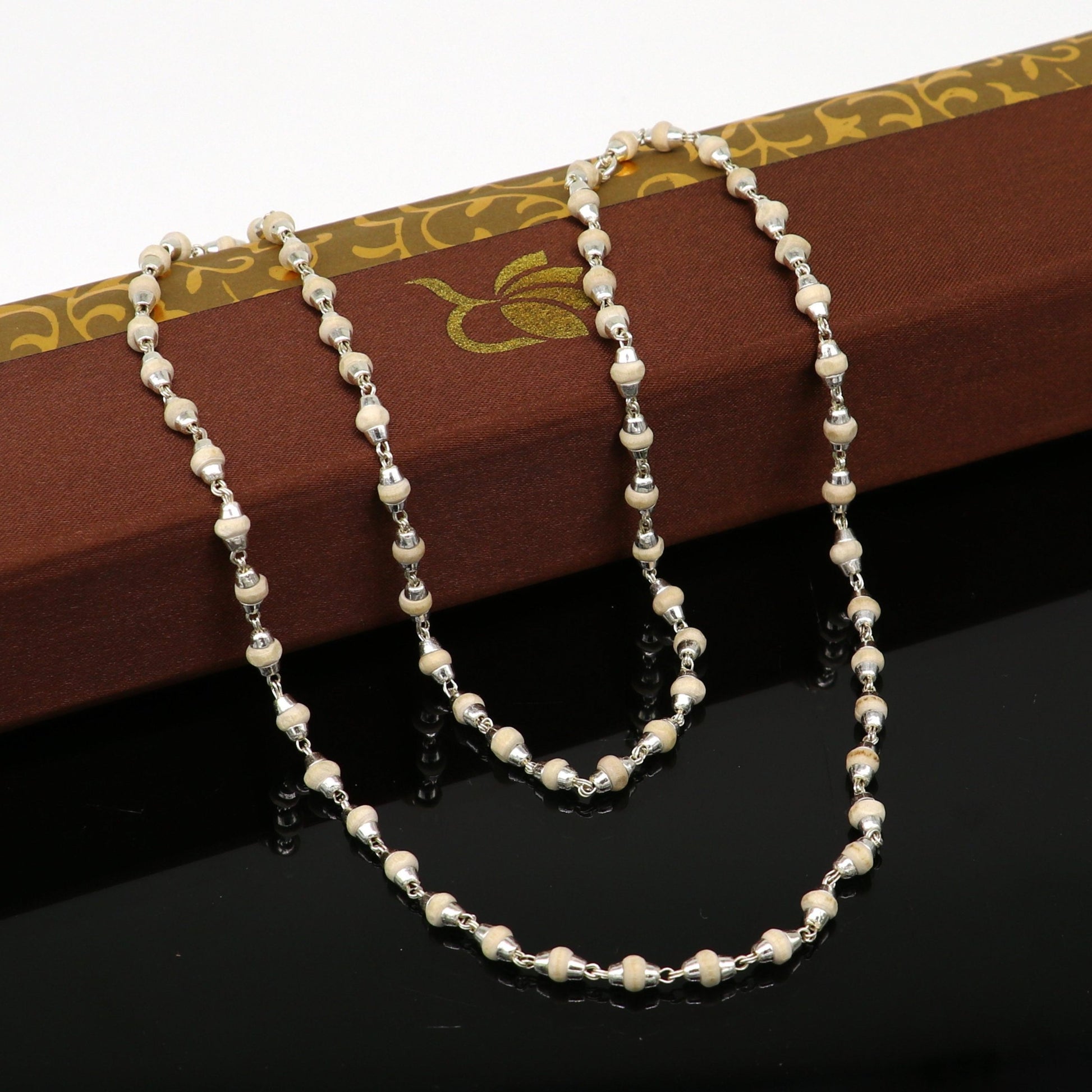 925 sterling silver customized basil rosary wooden beads solid chain necklace, excellent 24" unisex stylish necklace from india ch103 - TRIBAL ORNAMENTS