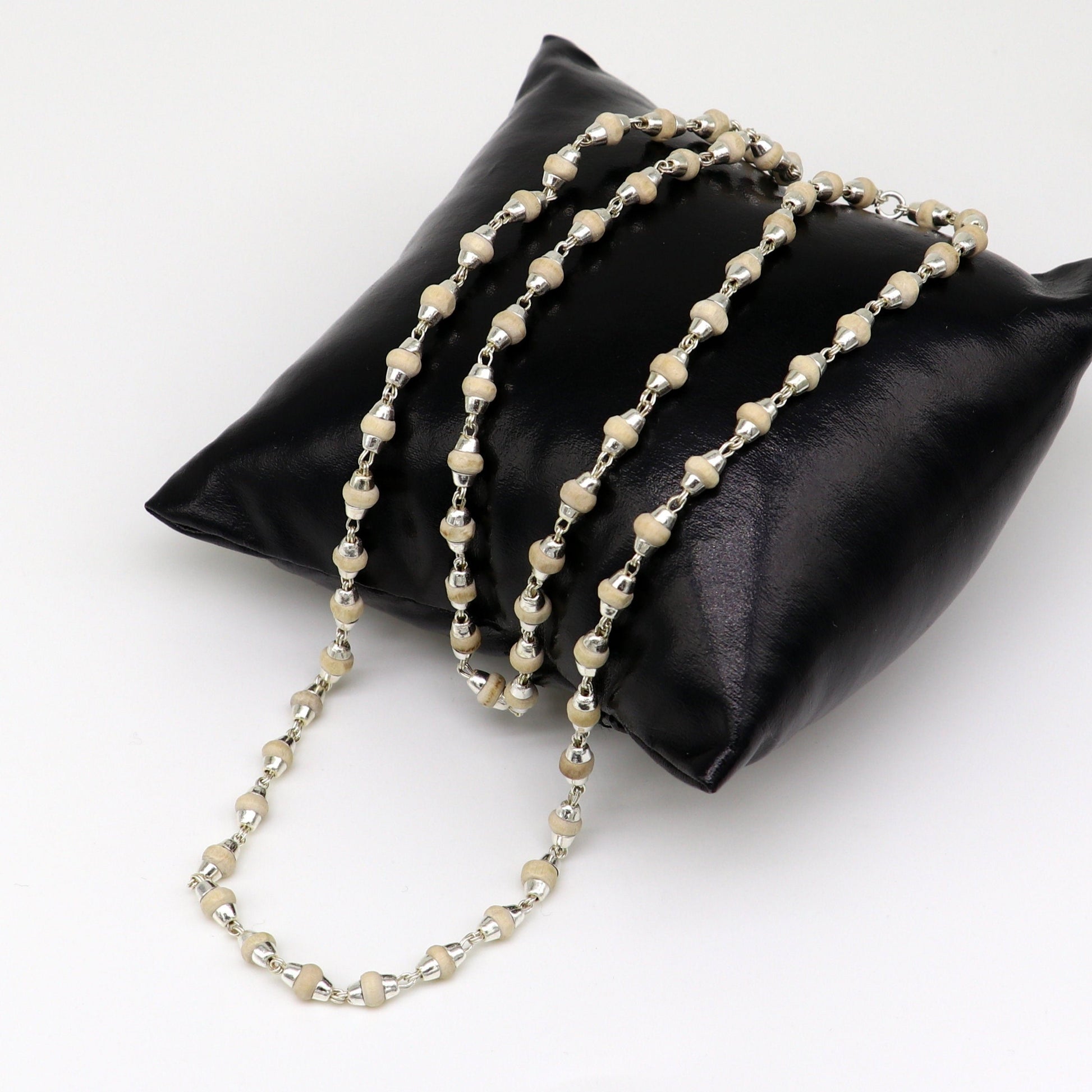 925 sterling silver customized basil rosary wooden beads solid chain necklace, excellent 24" unisex stylish necklace from india ch103 - TRIBAL ORNAMENTS