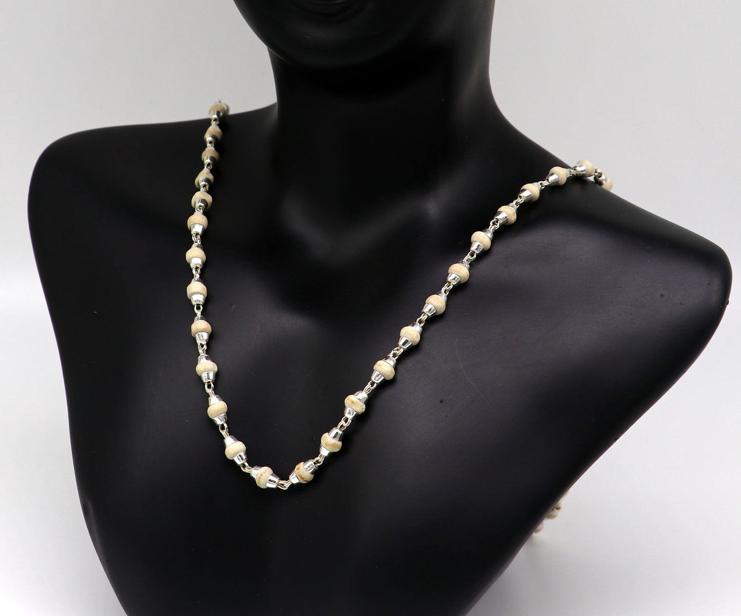 925 sterling silver customized basil rosary wooden beads solid chain necklace, excellent 24" unisex stylish necklace from india ch103 - TRIBAL ORNAMENTS