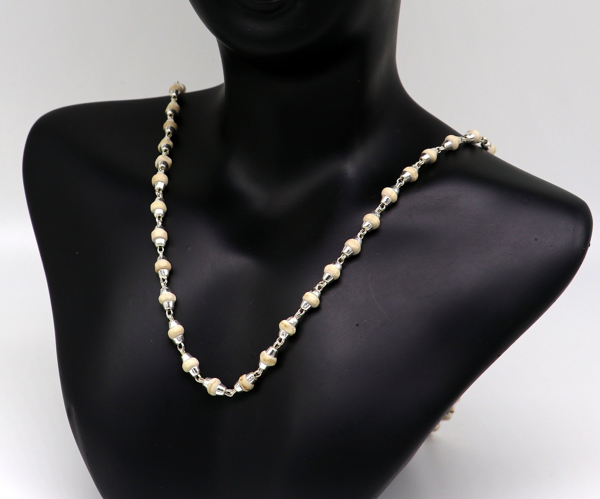 925 sterling silver customized basil rosary wooden beads solid chain necklace, excellent 24" unisex stylish necklace from india ch103 - TRIBAL ORNAMENTS