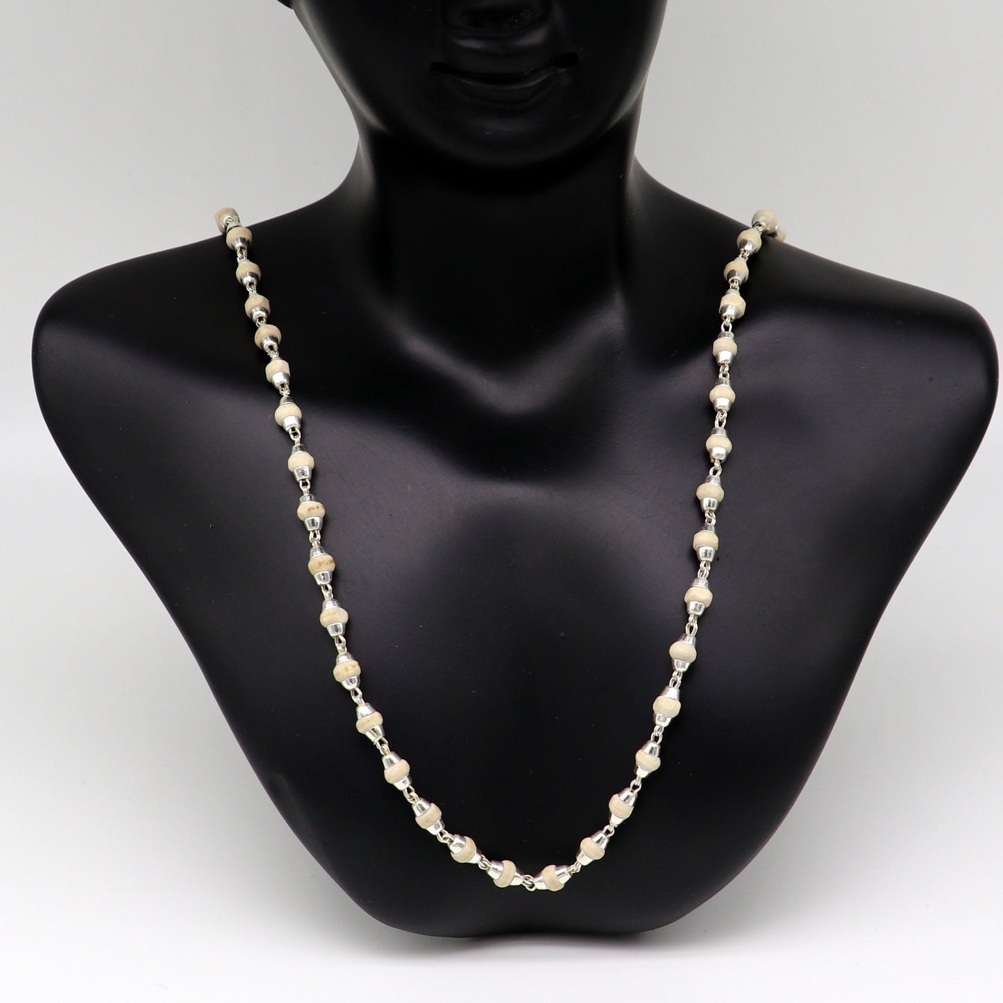 925 sterling silver customized basil rosary wooden beads solid chain necklace, excellent 24" unisex stylish necklace from india ch103 - TRIBAL ORNAMENTS