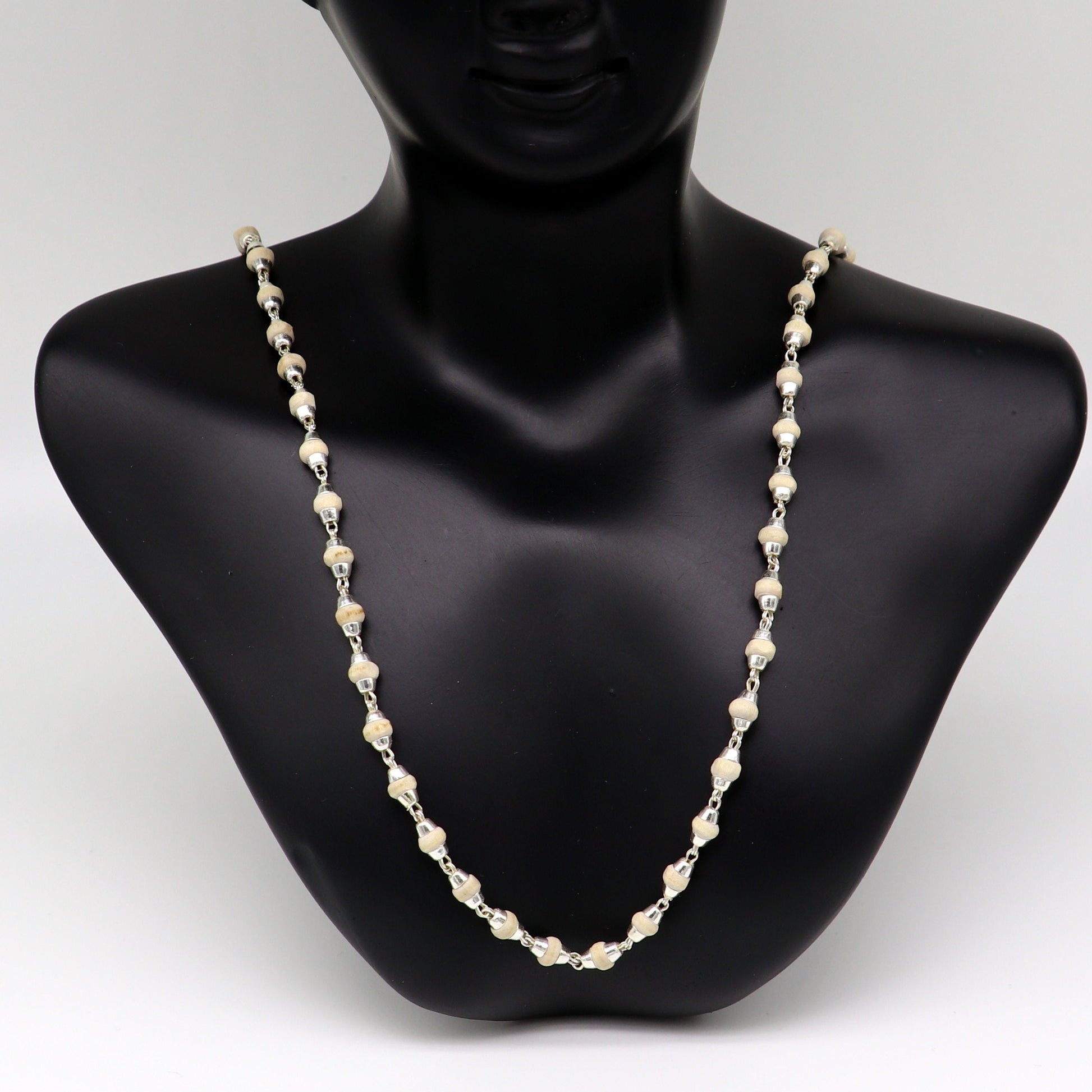 925 sterling silver customized basil rosary wooden beads solid chain necklace, excellent 24" unisex stylish necklace from india ch103 - TRIBAL ORNAMENTS