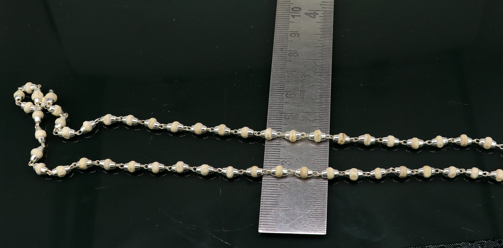 925 sterling silver customized basil rosary wooden beads solid chain necklace, excellent 24" unisex stylish necklace from india ch103 - TRIBAL ORNAMENTS