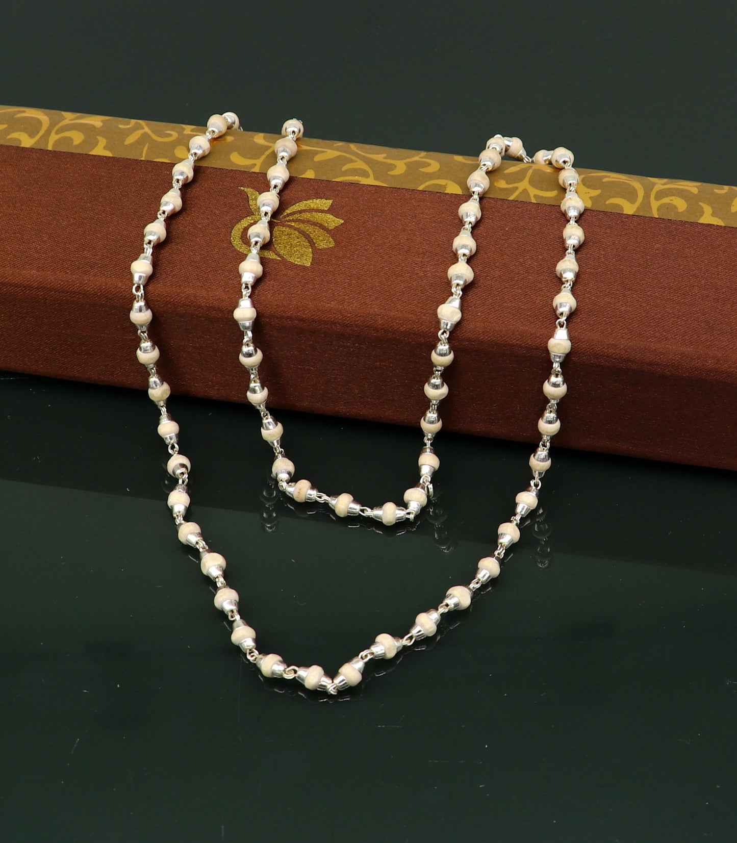 925 sterling silver customized basil rosary wooden beads solid chain necklace, excellent 24" unisex stylish necklace from india ch103 - TRIBAL ORNAMENTS