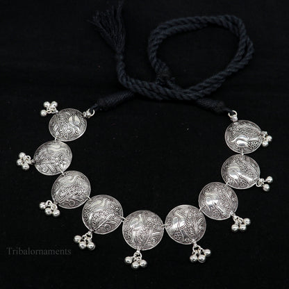 Sterling silver bird design vintage charm necklace with tribal ethnic style, perfect for belly dance or bridal gift jewelry.