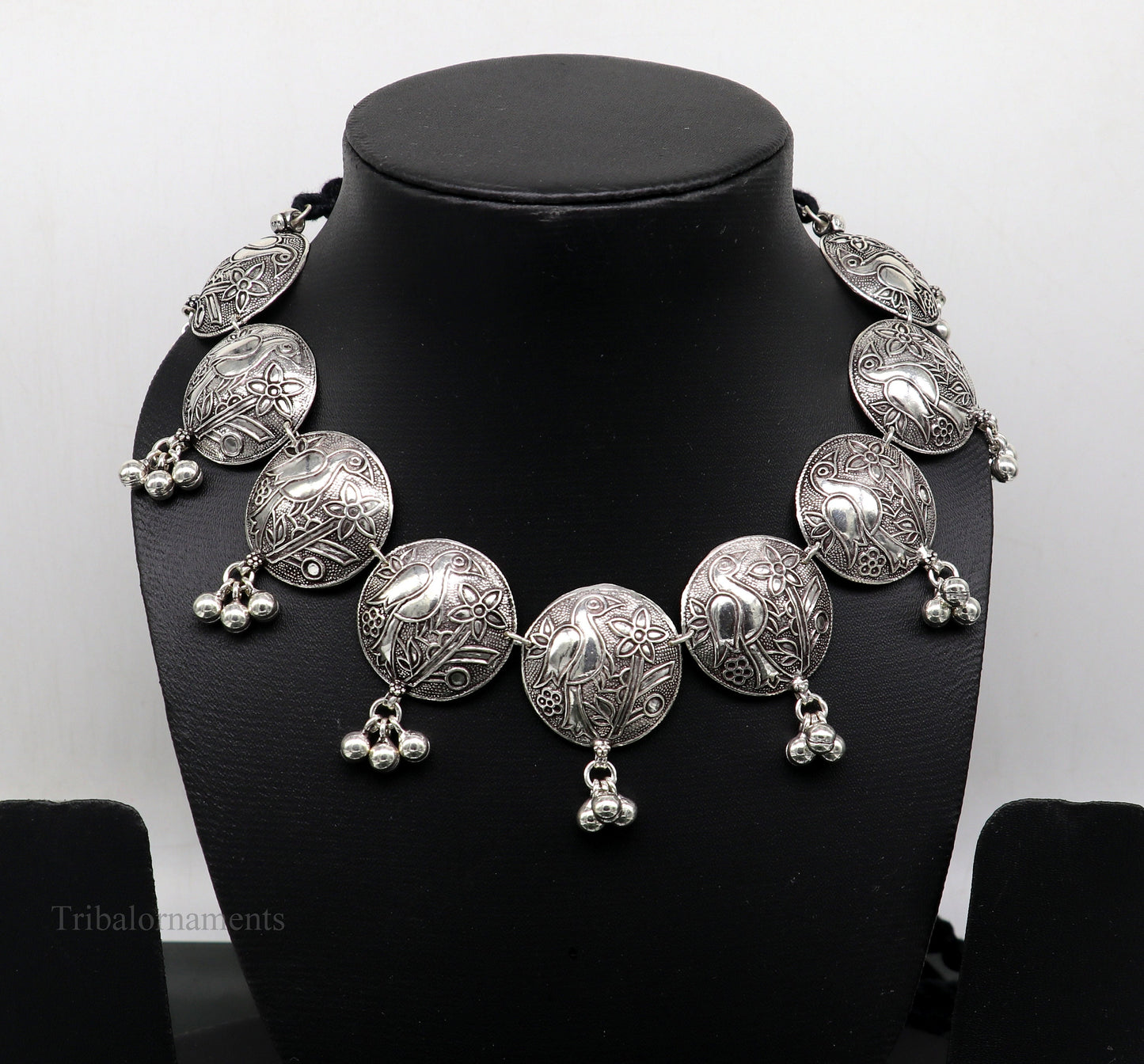 Sterling silver tribal bird charm necklace with vintage style design, ethnic choker for belly dance or bridal gift.