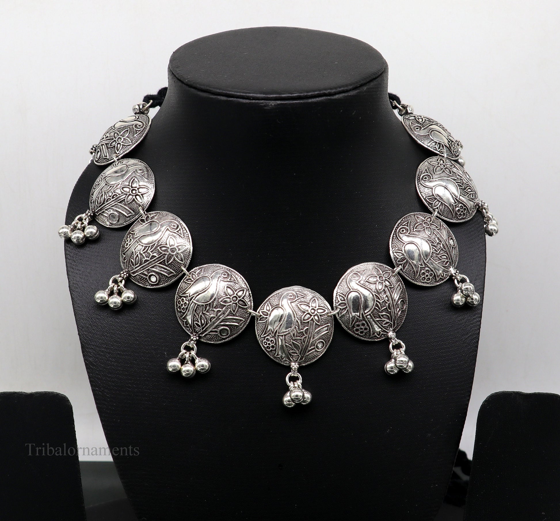 Sterling silver tribal bird charm necklace with vintage style design, ethnic choker for belly dance or bridal gift.