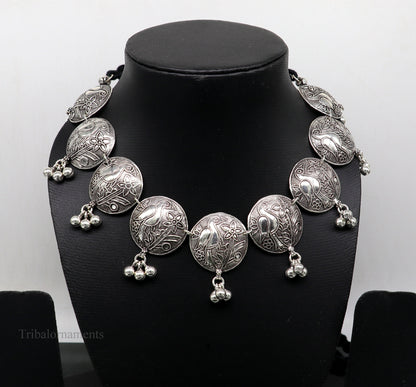 Sterling silver tribal bird charm necklace with vintage style design, ethnic choker for belly dance or bridal gift.