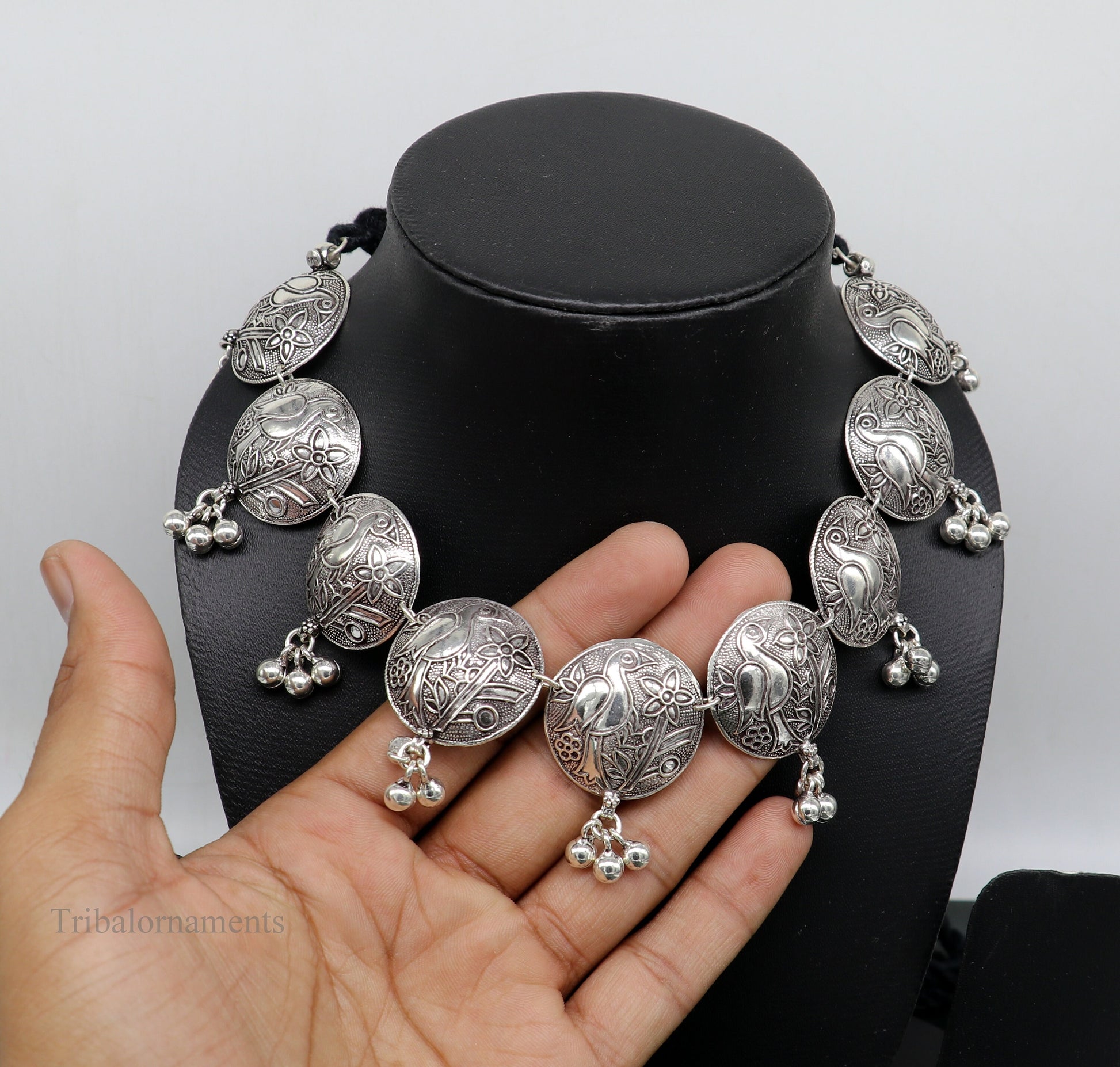 Sterling silver tribal bird charm necklace featuring vintage-style tribal and ethnic design, perfect for belly dance or bridal gift.