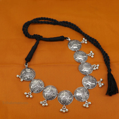 Sterling silver vintage-style bird design charm necklace, tribal-inspired choker with ethnic belly dance jewelry details.