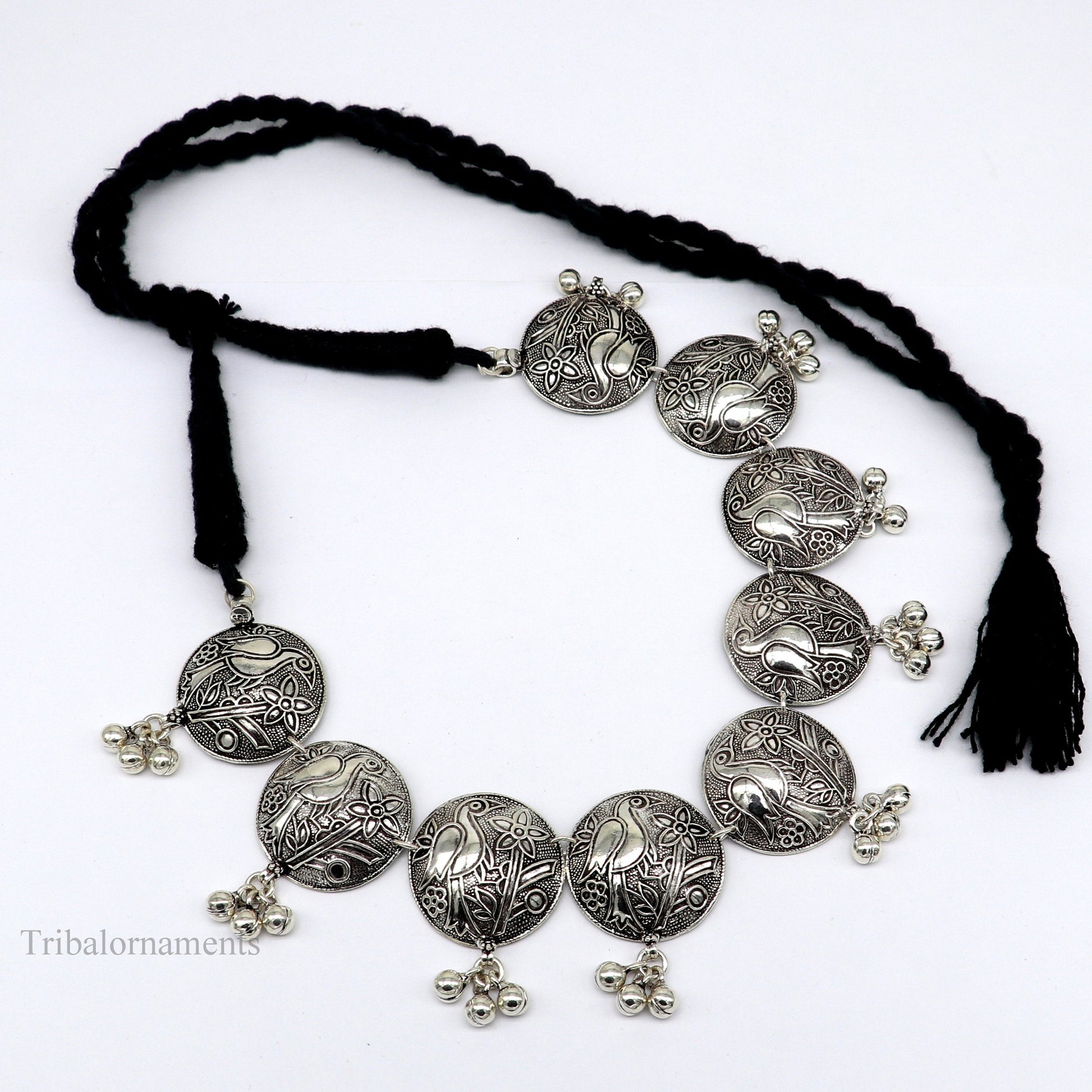 Sterling silver tribal bird charm necklace featuring vintage style design, perfect for ethnic belly dance or brides gift set.