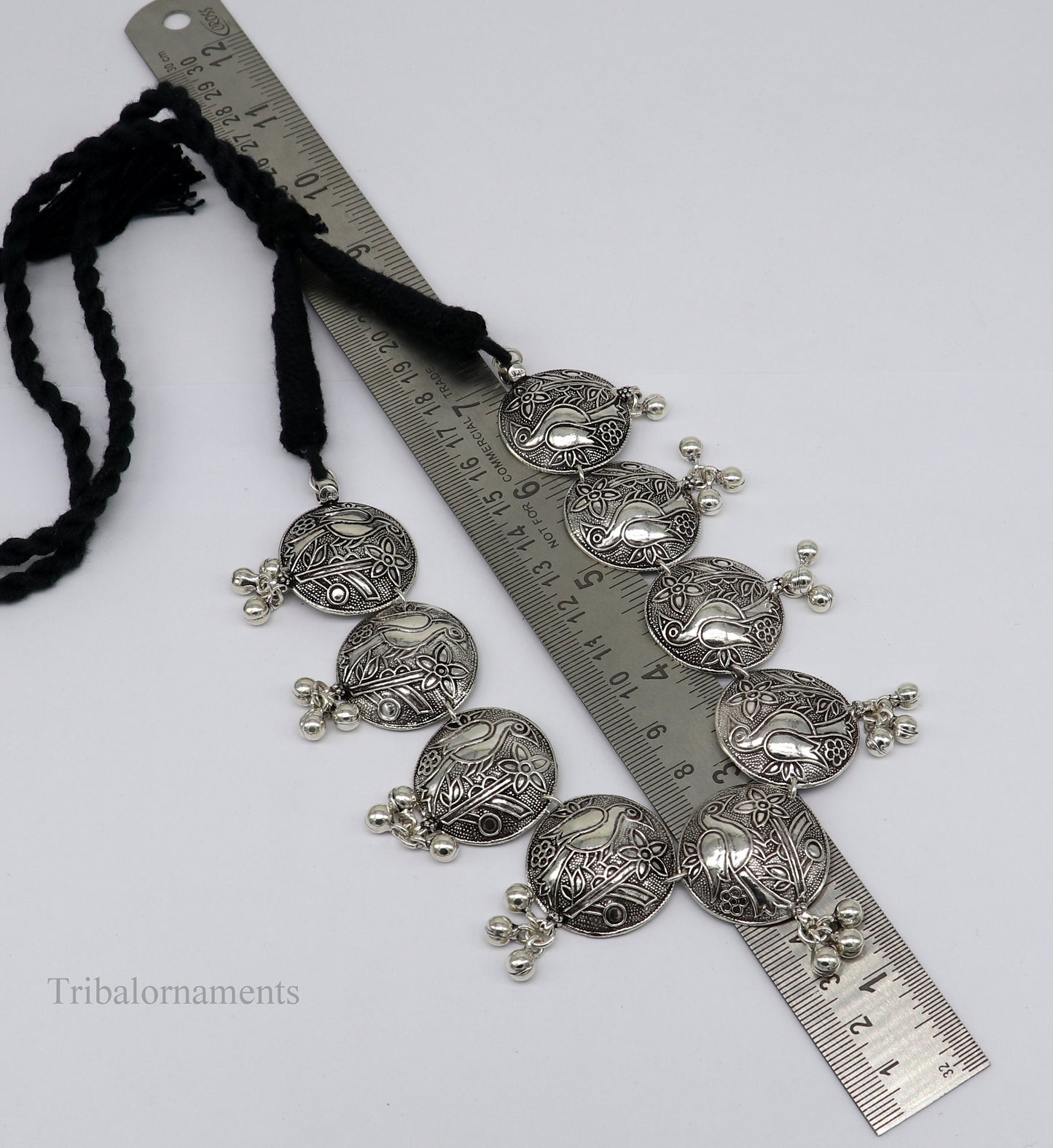 Sterling silver bird design charm necklace with vintage tribal style, ideal for belly dance or bridal jewelry.
