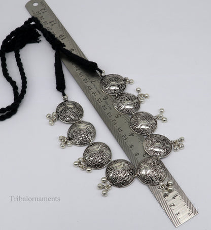 Sterling silver bird design charm necklace with vintage tribal style, ideal for belly dance or bridal jewelry.