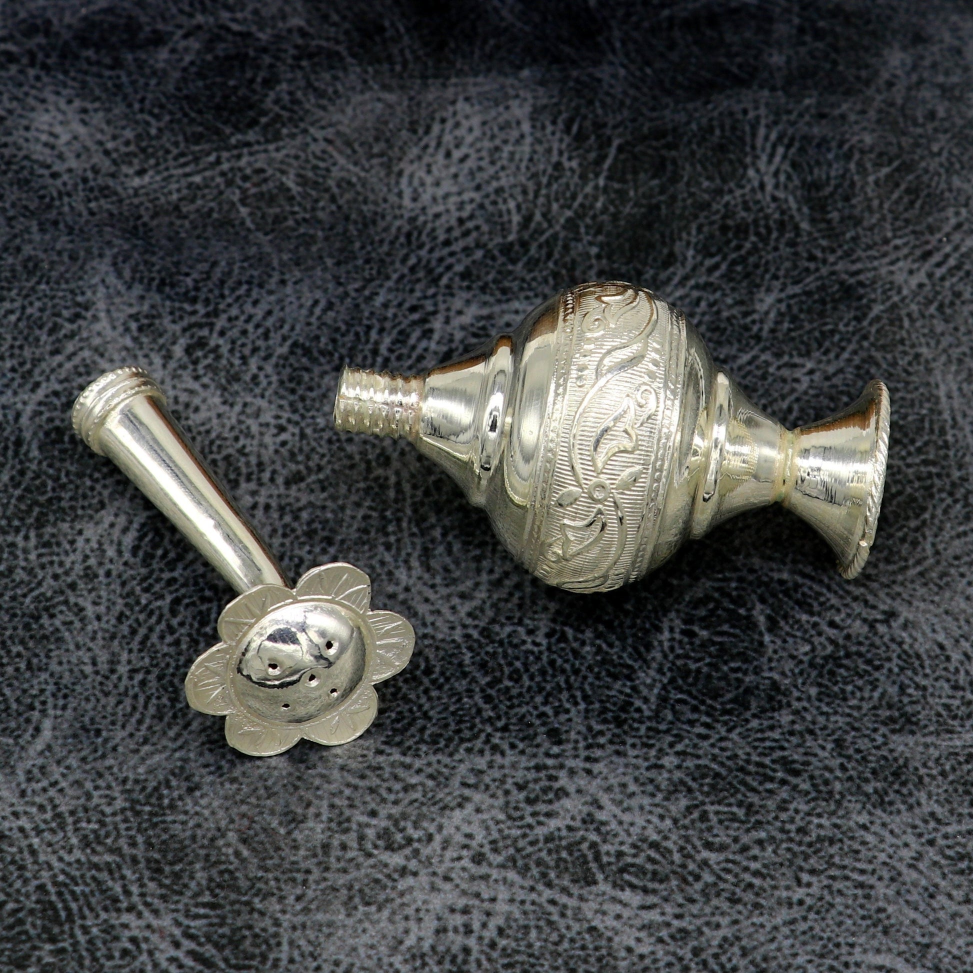 925 sterling silver customized perfume spray bottle with royal style design, ideal for puja utensils and elegant gifting.
