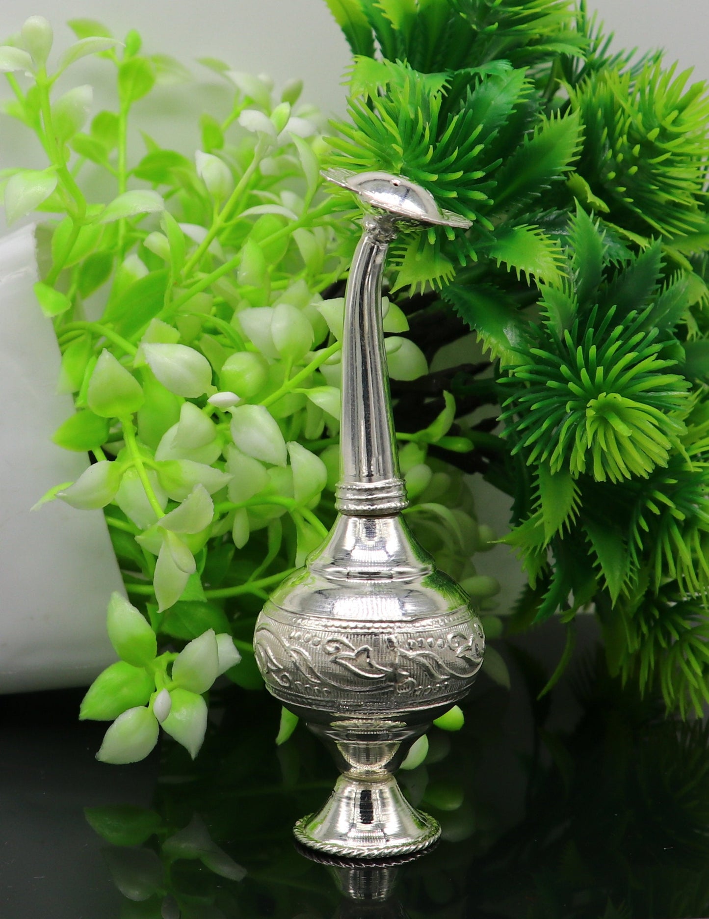925 sterling silver customized perfume spray bottle with royal style design, ideal for puja utensils and elegant gifting.