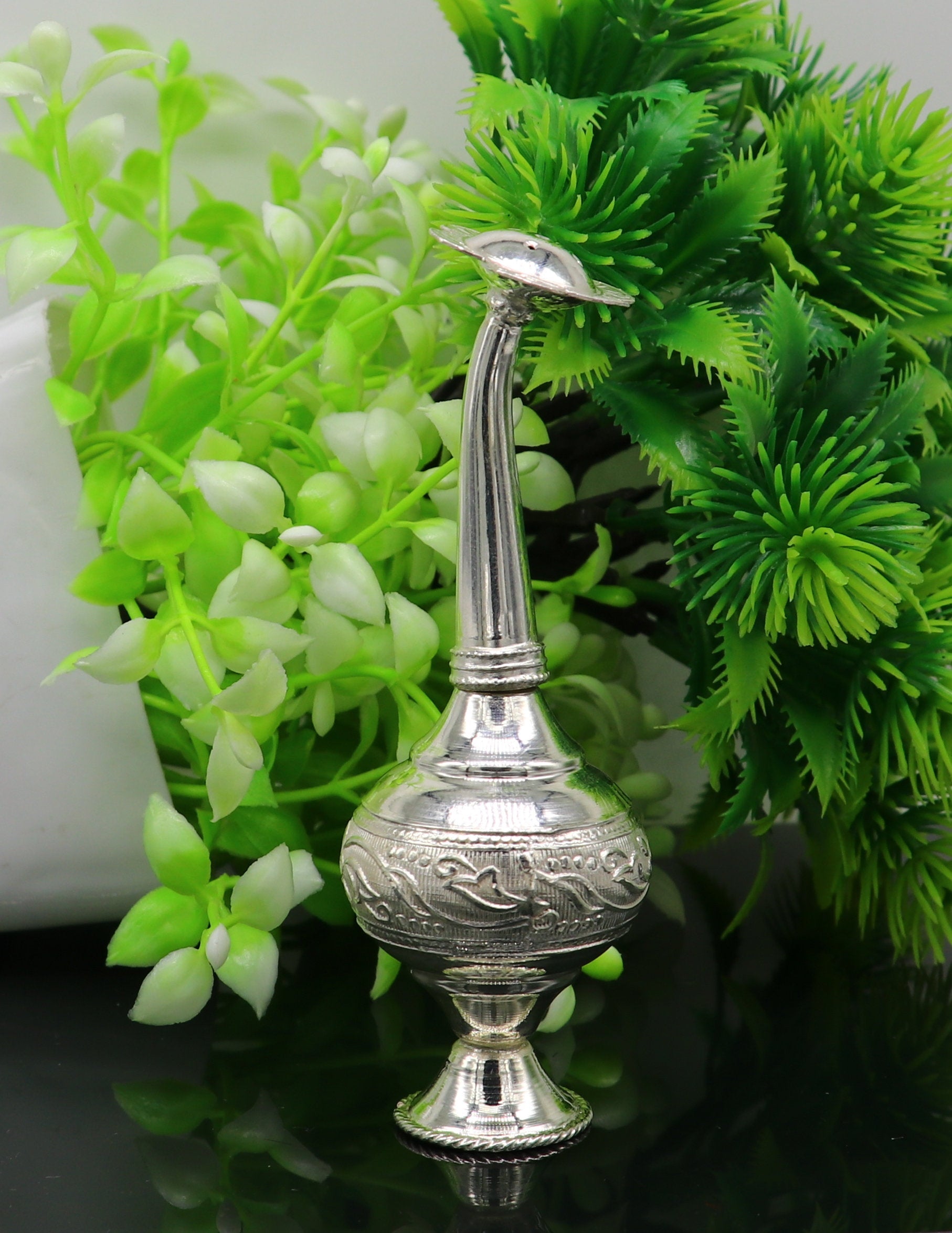 925 sterling silver customized perfume spray bottle with royal style design, ideal for puja utensils and elegant gifting.