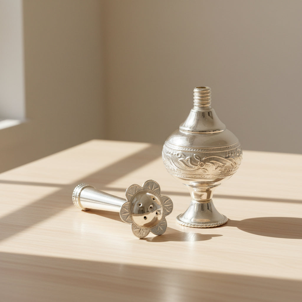 925 sterling silver customized perfume spray bottle with royal style design, ideal as puja utensil or gift from TRIBAL ORNAMENTS