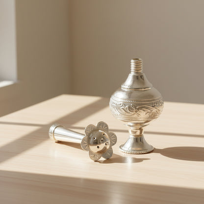 925 sterling silver customized perfume spray bottle with royal style design, ideal as puja utensil or gift from TRIBAL ORNAMENTS