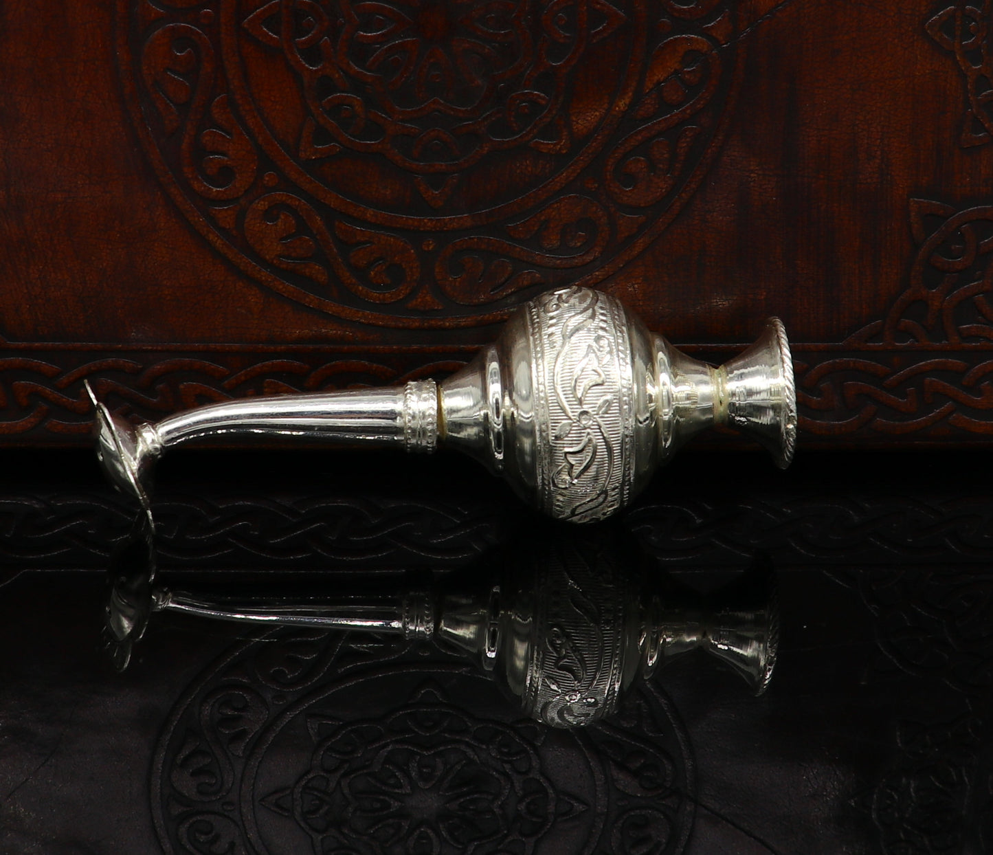 925 sterling silver customized perfume spray bottle with royal style design, ideal for puja utensils or as a gift by TRIBAL ORNAMENTS.