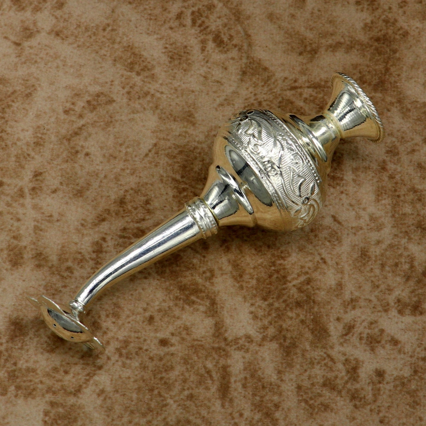 Sterling silver custom-designed perfume spray bottle with royal style, ideal for puja utensils or as a unique gift by Tribal Ornaments.