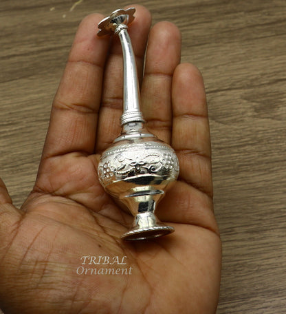 925 sterling silver customized perfume spray bottle with royal style design, ideal for puja utensils or as a gift by TRIBAL ORNAMENTS.