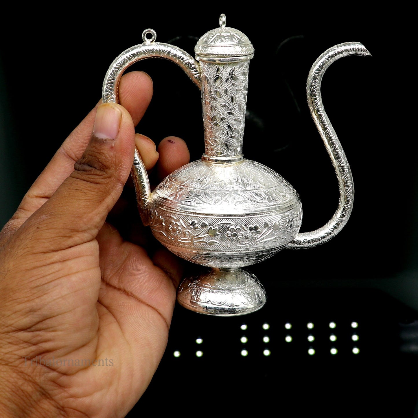 925 sterling silver customized designer Gangajal puja Surhai, silver utensils with Nozzles, Gangajali kalash jar , puja article su426 - TRIBAL ORNAMENTS