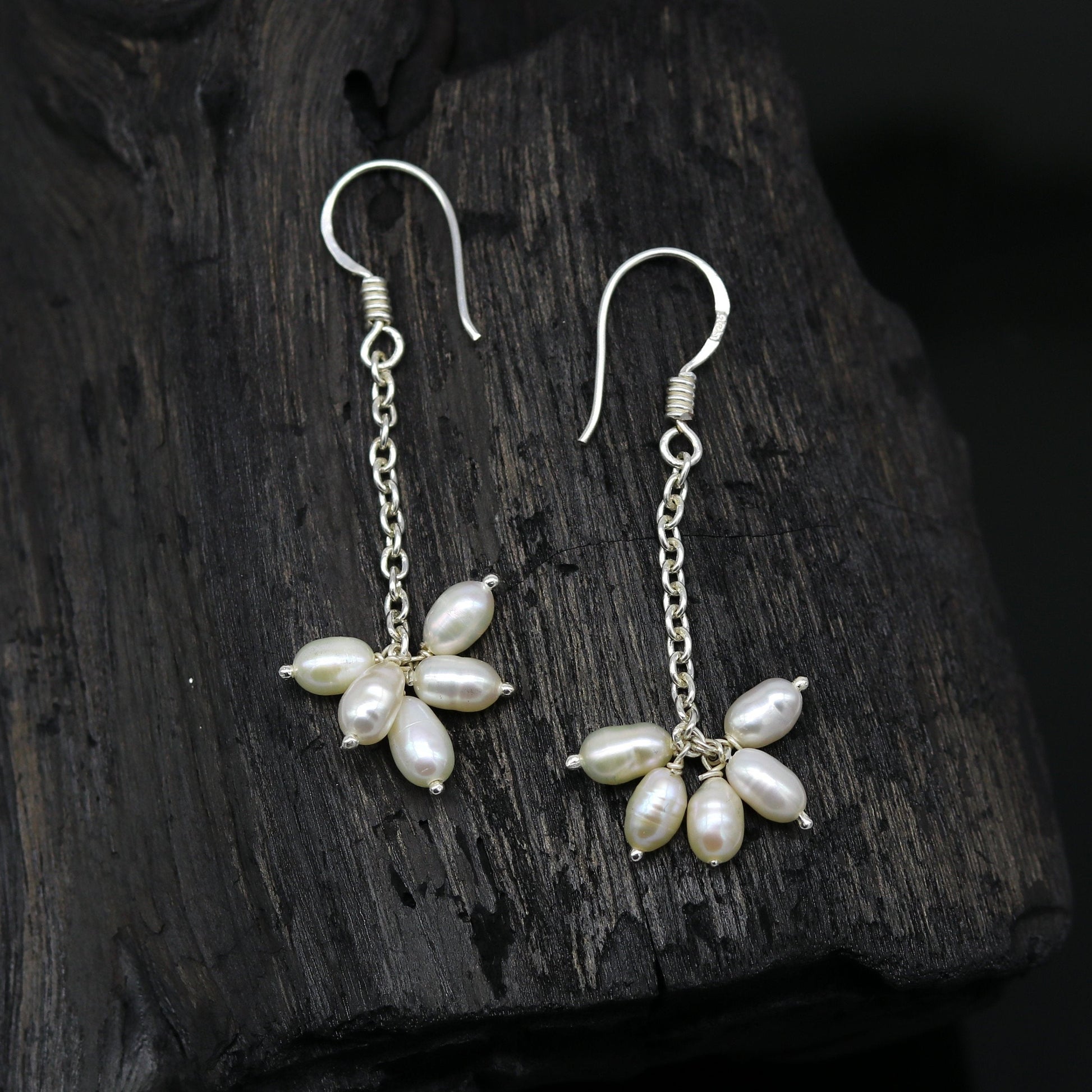 Sterling silver custom fancy hoops earrings with 4mm freshwater pearls, stylish bridal and bridesmaid jewelry by TRIBAL ORNAMENTS.
