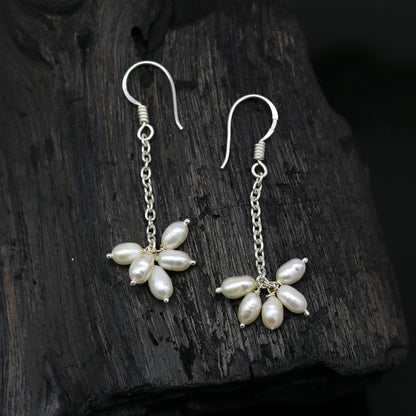 Sterling silver custom fancy hoops earrings with 4mm freshwater pearls, stylish bridal and bridesmaid jewelry by TRIBAL ORNAMENTS.